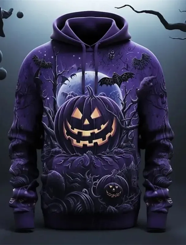 Halloween roxo abóbora com capuz pulôver padrão de impressão 3d casal masculino feminino halloween carnaval traje festa casual todos os dias