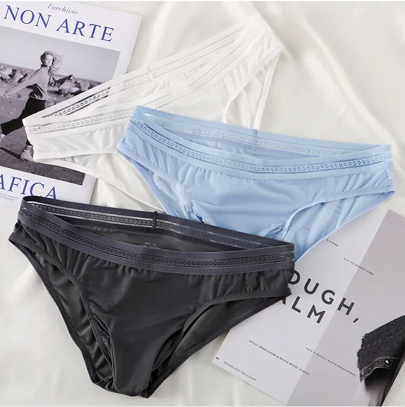 New Men's Ice Silk Briefs Ultra-thin Quick Dry High Elastic Lace Waistband Panties Sexy Seamless Breathable Bikini Underwear