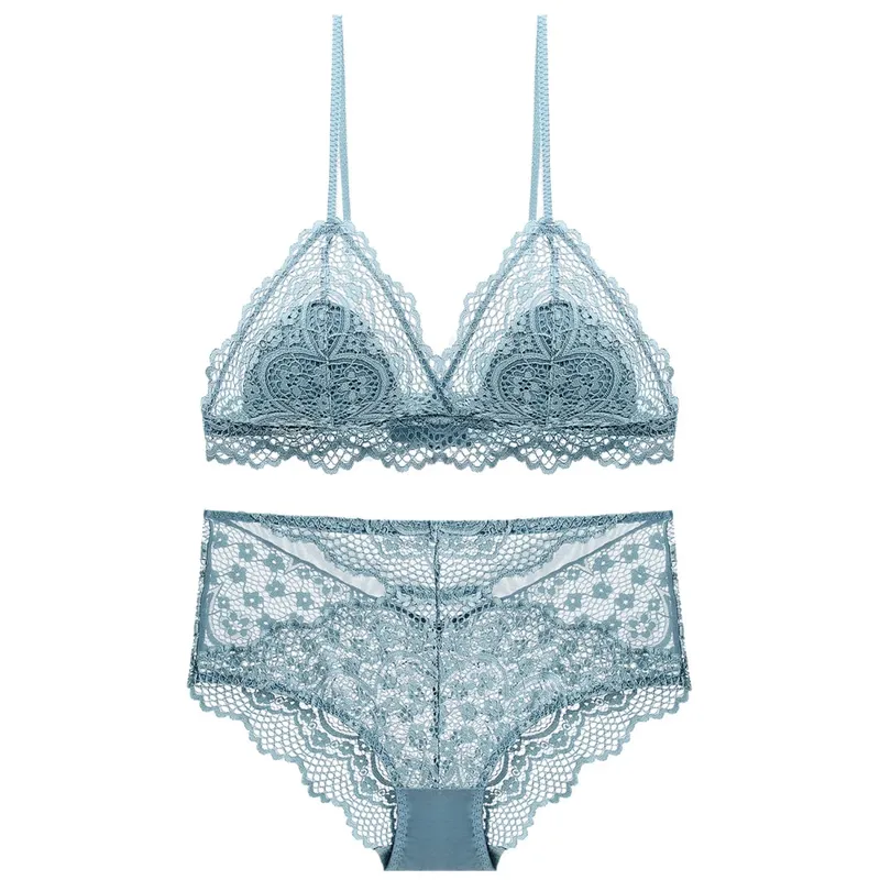 Sexy Hollow Out Lace Triangle Thin Lined Bra without Stones Panty Set Underwear Women Lingerie Bralette
