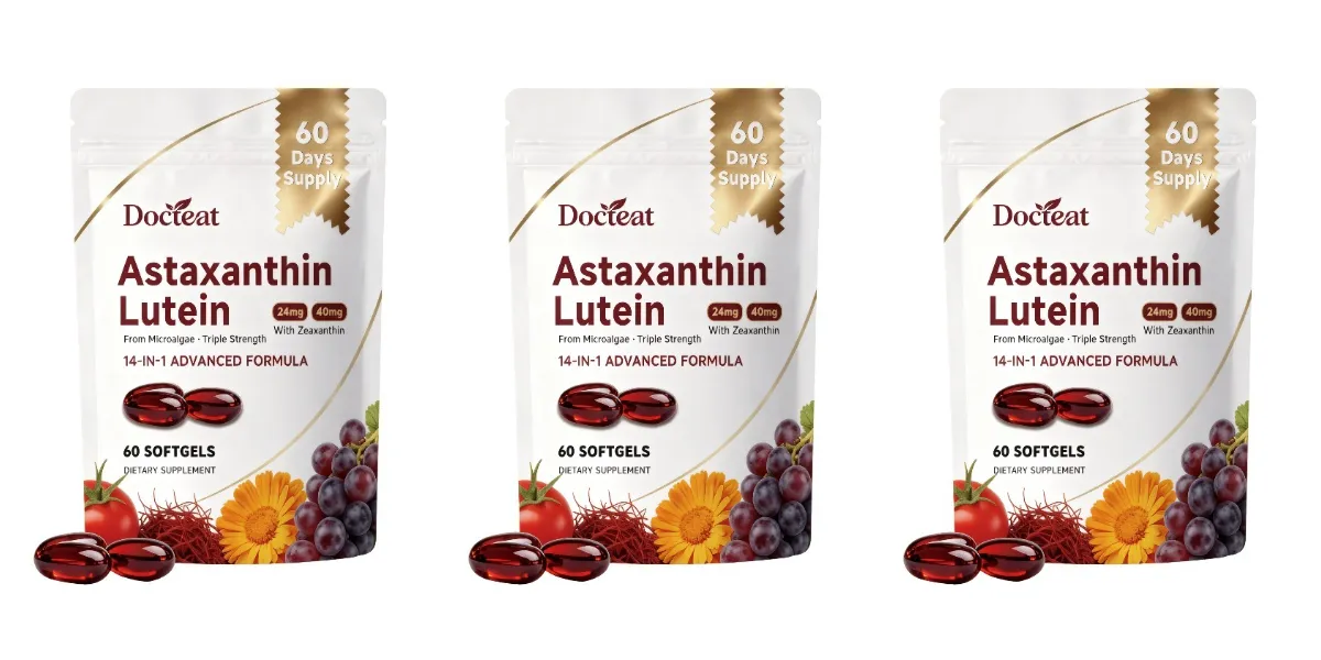 Η κάψουλα ασταξανθίνης και λουτεΐνης 60 Count με κουκούτσι σταφυλιού και εκχύλισμα σαφράν παρέχουν υποστήριξη για τη διατροφή των ματιών στο δέρμα και τις αρθρώσεις