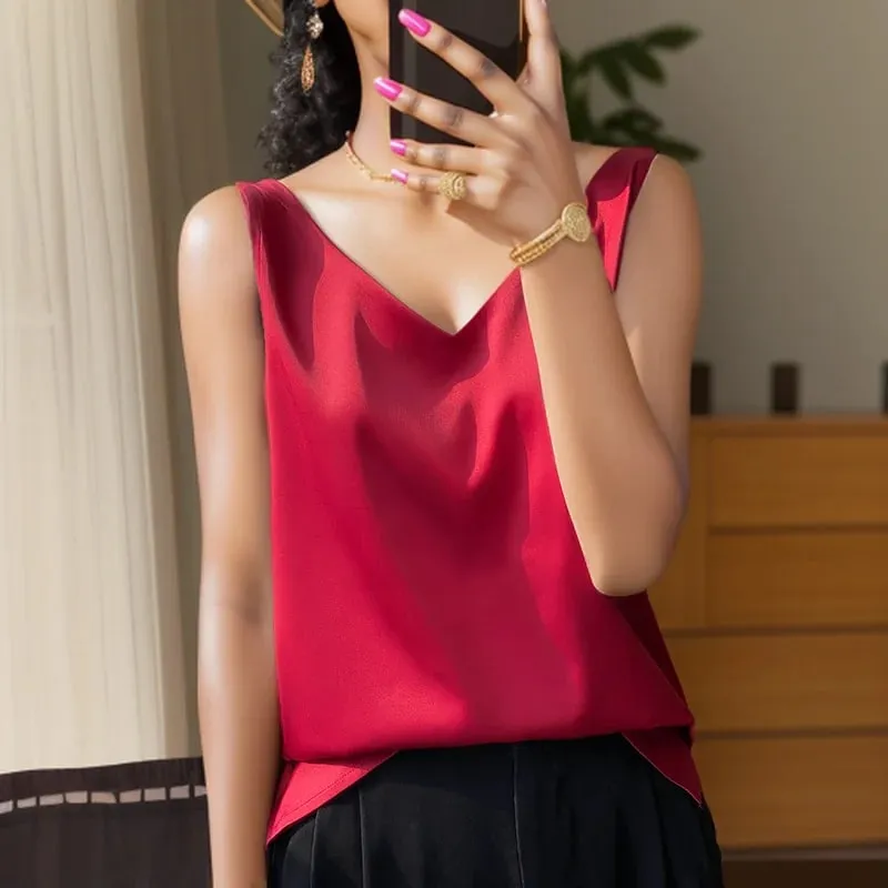 Νέο Lce Silk Satin Camisole Γυναικεία Άνοιξη/Καλοκαίρι μονόχρωμο αμάνικο σέξι άνετο μεταξωτό εσώρουχο RW-D09