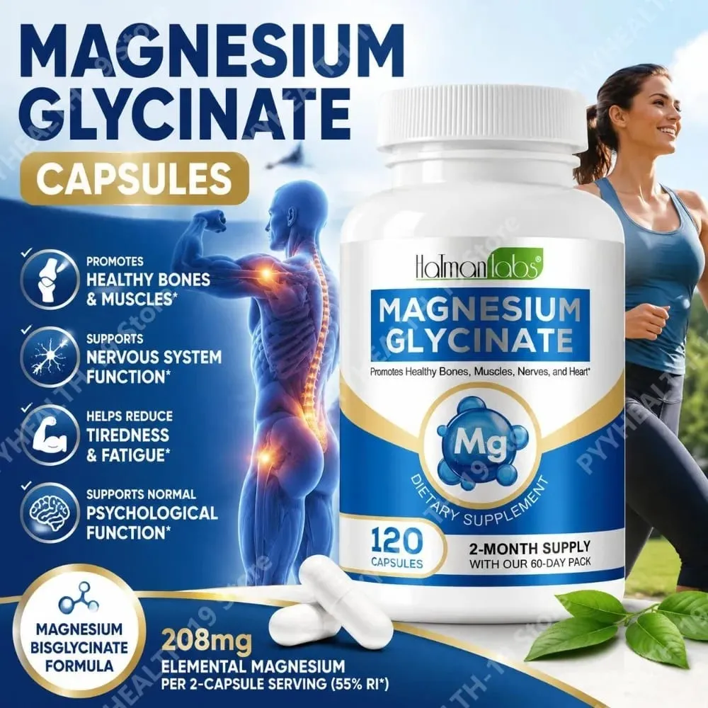 Magnesium Glycinate Capsules with 208mg Elemental Bisglycinate for Healthy Bone Muscle & Nerve Support Adults 120 Capsules