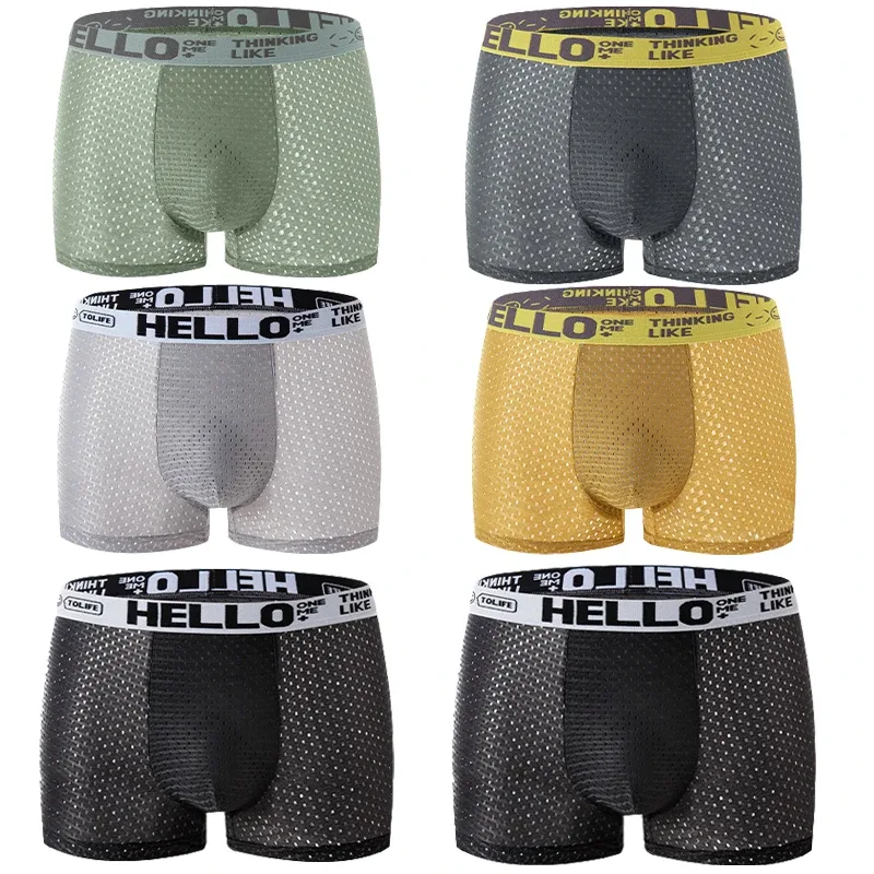 6 Stück Mesh-Boxshorts aus Eisseide für Herrenunterwäsche, atmungsaktiv, sexy, schmale Passform und nahtlose, flache Ecken, große Größe