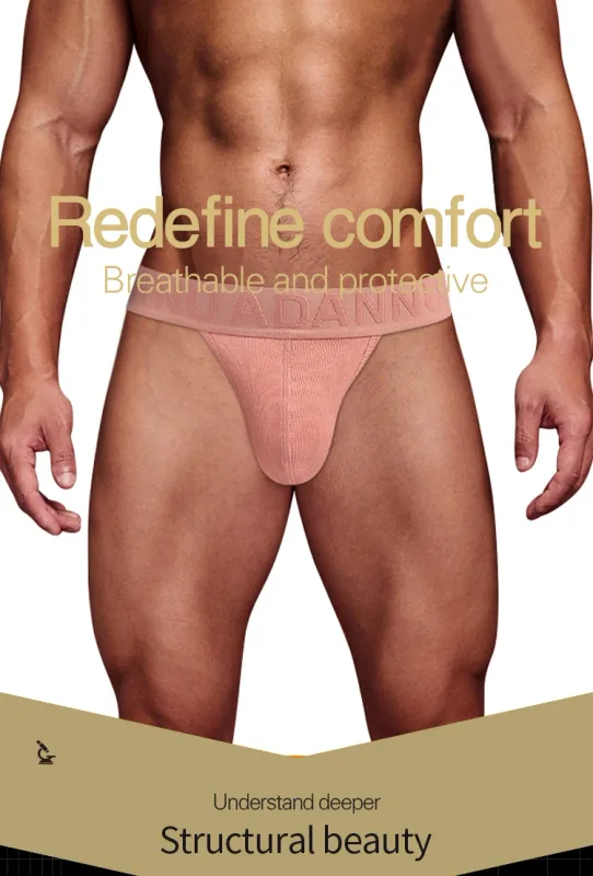 Men's Cotton Ribbed Skin-Friendly Bare Feel Convex Pouch Briefs, Embossed Letter Wide Waistband Slim Fit Underwear