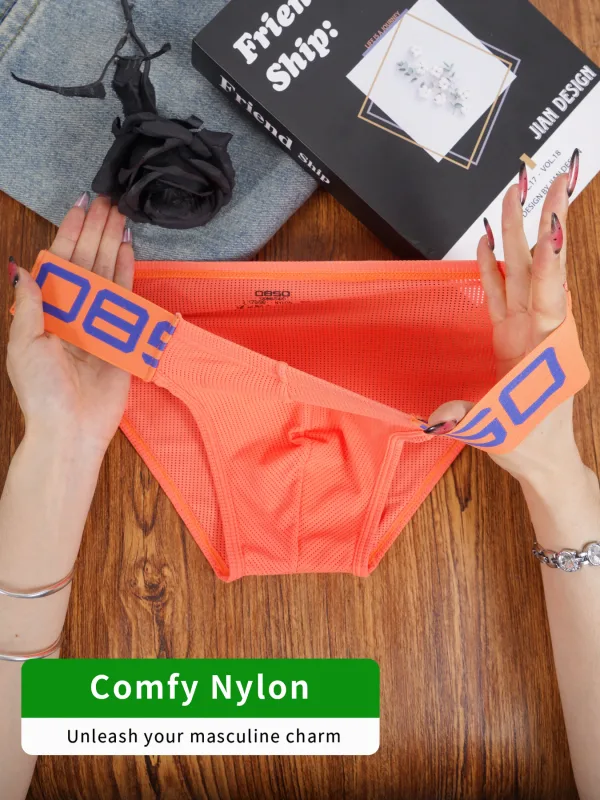 Men's Nylon Blend Mesh Breathable Briefs Horn Splice Letter Embossed Wide Elastic Waistband Fluorescent Color Sexy Underwear