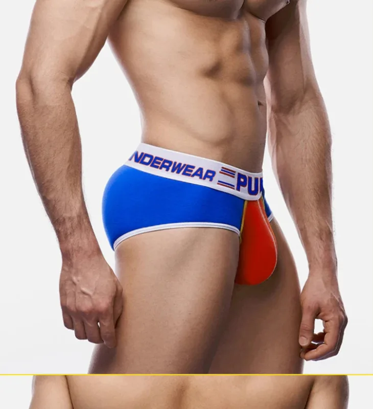 Men's Cotton Color Block Briefs, Pump! Logo Wide Waistband Low Rise Sexy 3D Convex Pouch Underwear