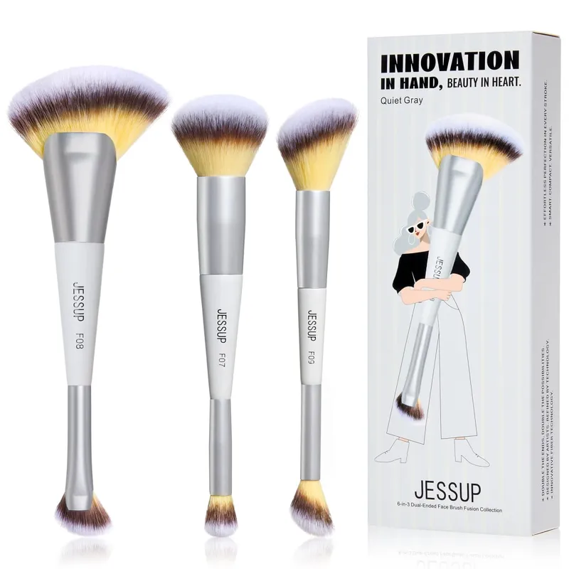Σετ πινέλα μακιγιάζ Jessup 3/7 τμχ Dual Ended Synthetic Foundation Blush Highlight Blending Brush Brush with Bag Quiet Grey T520