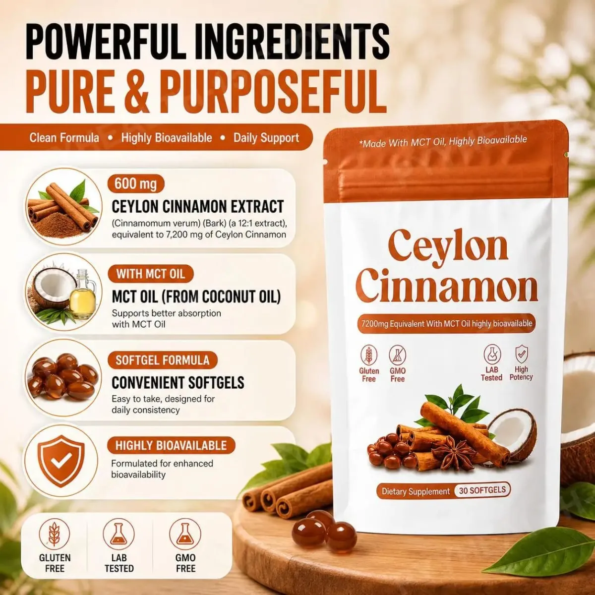 Ceylon Cinnamon Extract Softgels with MCT Oil Antioxidant Support and Metabolism Support Highly Bioavailable 30 Softgels