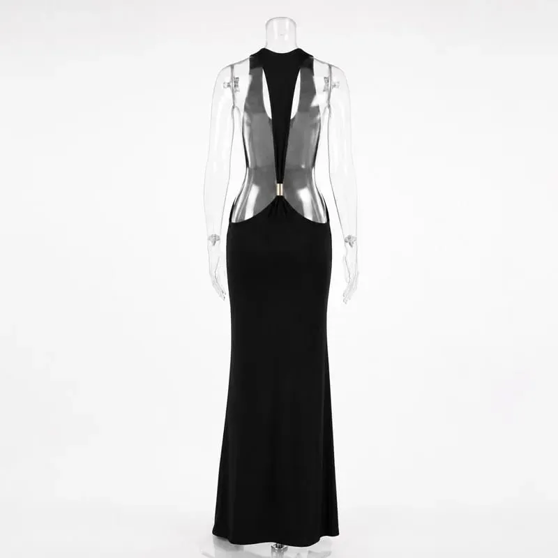 Tossy Women Halter ללא גב Bodycon מקסי שמלת מקסי פתוחה גב ספגטי רצועת זהב טבעת מסיבת ערב שמלת קיץ חוף שמלה ארוכה