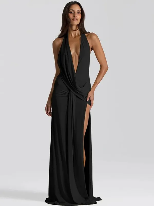 Mozision Halter Deep V צווארון V ללא גב שמלת מקסי סקסית שמלת נשים אופנה לא סדירות ללא שרוולים ירך גבוהה מפוצלת מועדון שמלות מסיבה