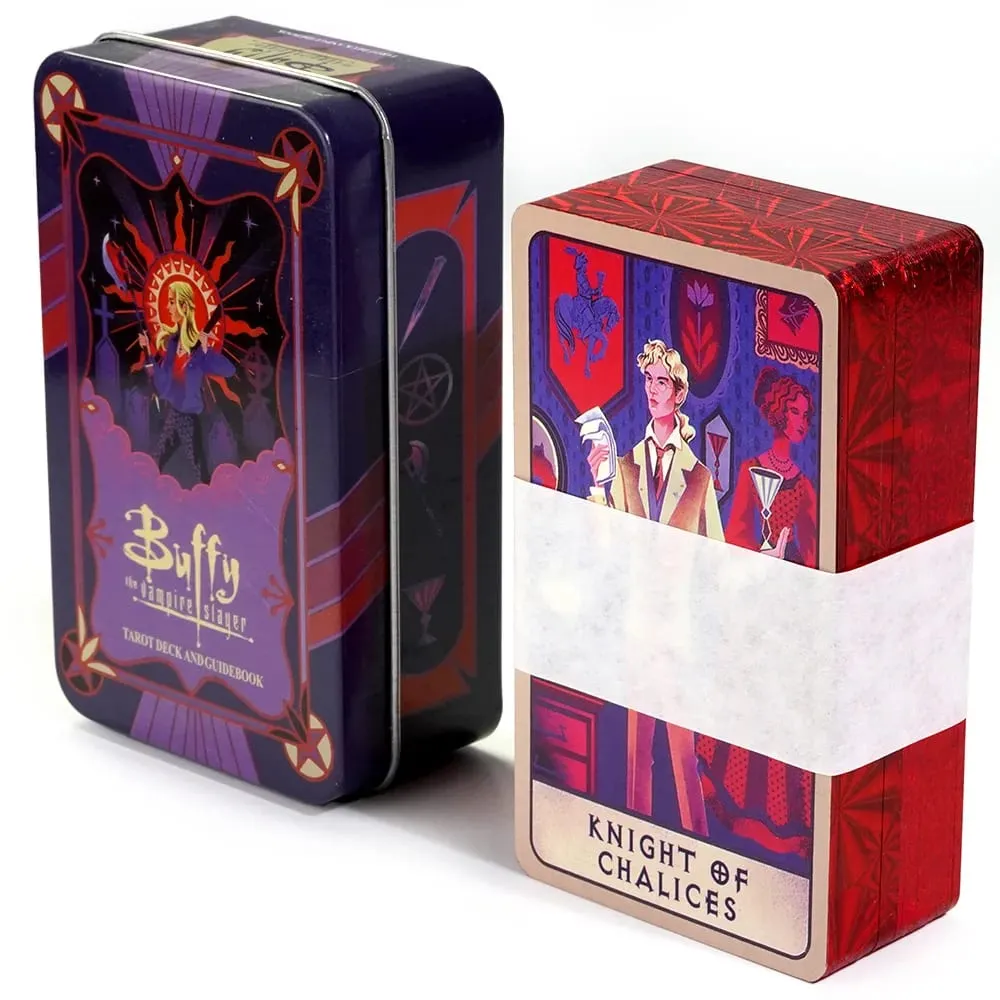 10,3*6 εκ. Buffy The Vampire Slayer Deck Tarot In A Tin Box with Red Gilded Edges 78 τμχ Κάρτες Ταρώ με θέμα κινουμένων σχεδίων με οδηγό