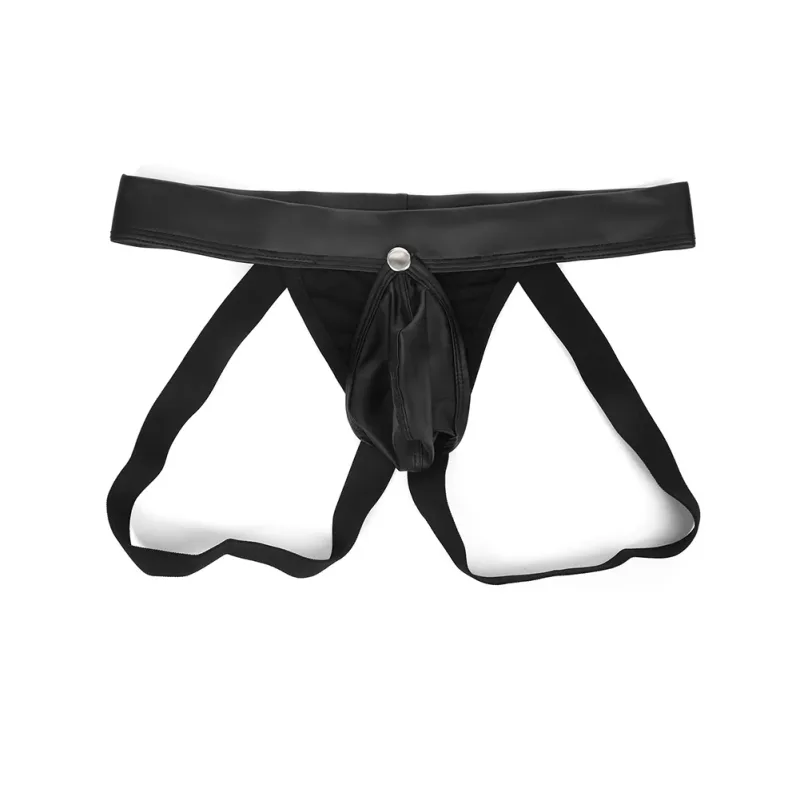 Men Faux Leather Gstring Thongs Underwear with Detachable Pouch Open Butt Low Waist Underpants for Comfortable Wear