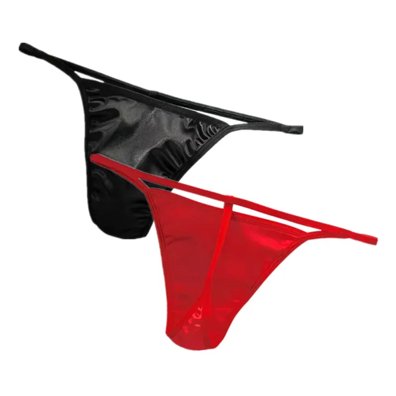 2PCS Men's T-back Thong Sexy Thin Strap Glossy Ice Silk Underwear Male U Convex Night Bikini Low Waist Plus Size Satin G-strings