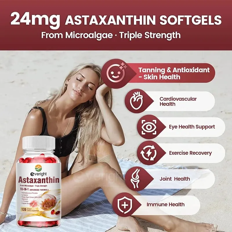 Astaxanthin 24mg – Potent Antioxidant for Skin Eyes & Immune Health – 10-in-1 with Lycopene Grape Seed Vitamin E & Zinc