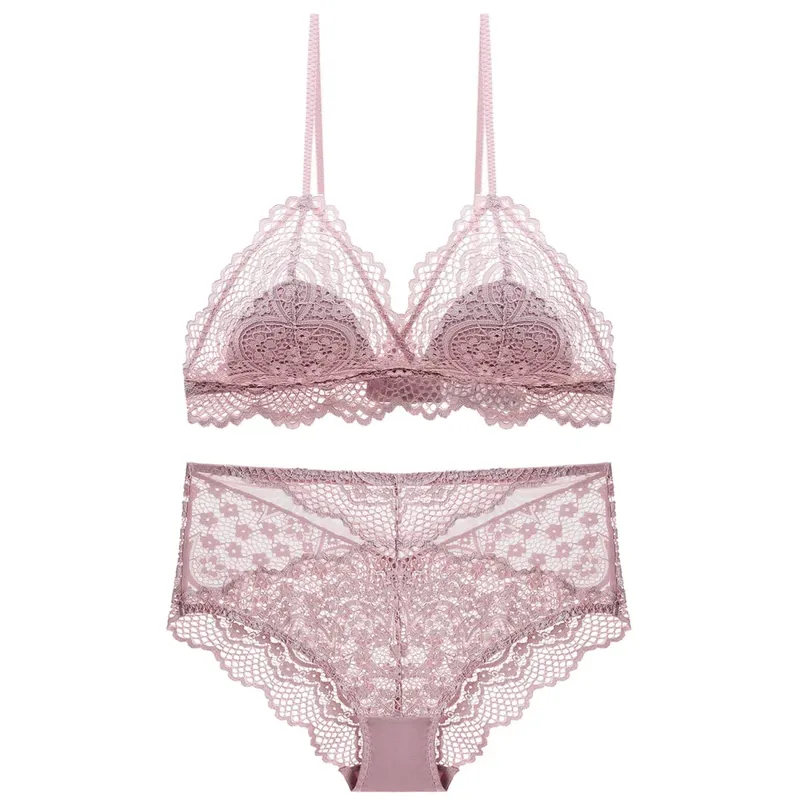 Sexy Hollow Out Lace Triangle Thin Lined Bra without Stones Panty Set Underwear Women Lingerie Bralette