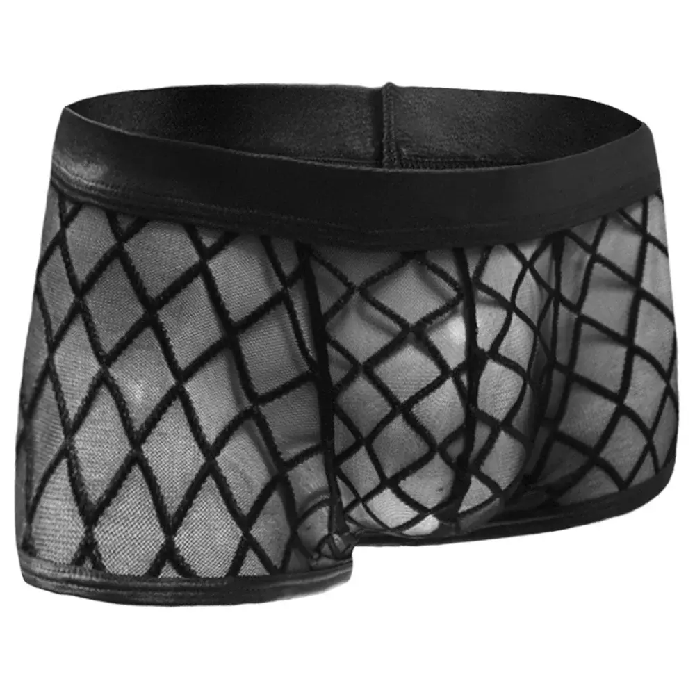 Male Sexy Diamond Mesh Ultra-thin Transparent Boxer Shorts Summer Quick Drying Boyshorts Bulge Pouch Men Underwear