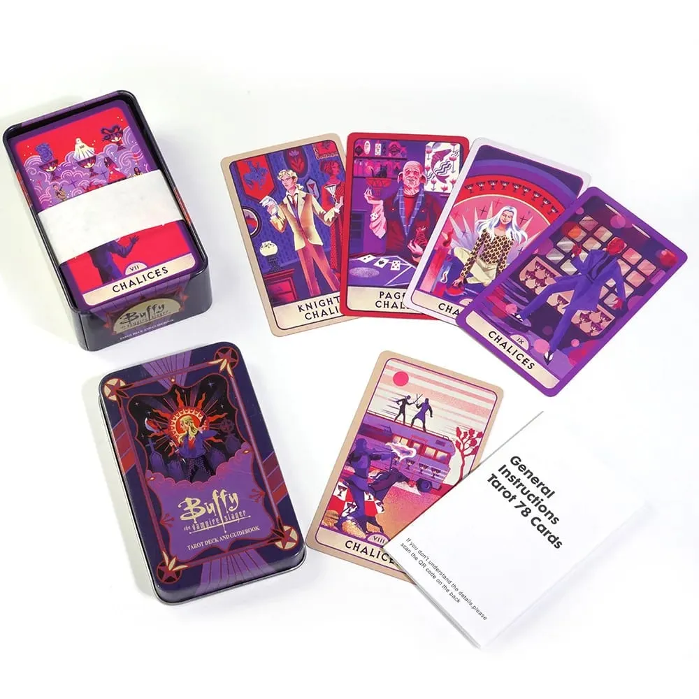 10,3*6 εκ. Buffy The Vampire Slayer Deck Tarot In A Tin Box with Red Gilded Edges 78 τμχ Κάρτες Ταρώ με θέμα κινουμένων σχεδίων με οδηγό