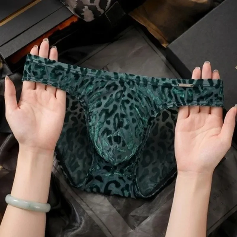 Comfortable Ice Silk Men Briefs Mesh Low Waist Sheer Underwear Convex Pouch Transparent Leopard Print Panties Date Night