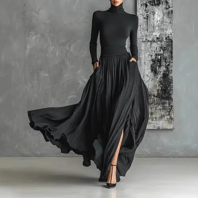 Set Rok Dua Potong Elegan Prancis untuk Wanita Setelan Ramping Turtleneck Antik Berlipat Hem Belahan Minimalis Solid Bersaku