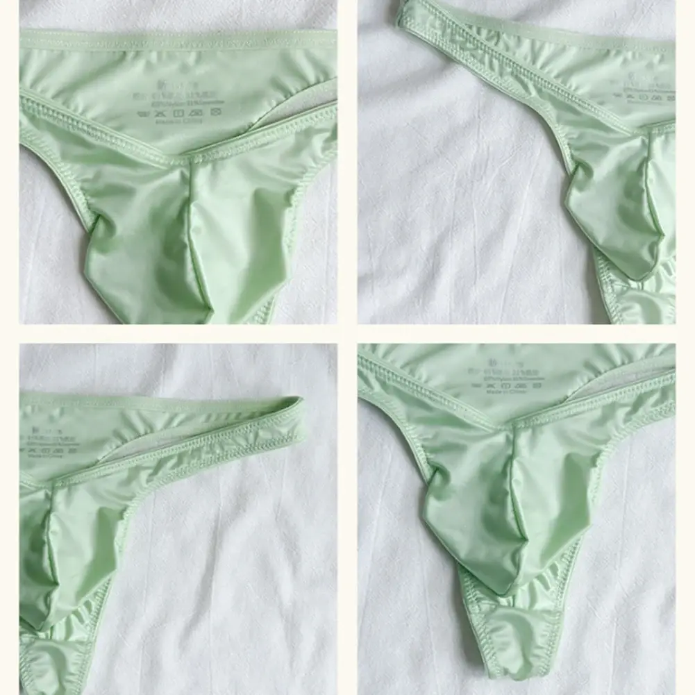1pc Men Satin-like Glossy Ice Silk G-string Solid Low-Waist Shiny Smooth Thong Bulge Pouch Thong Thin Transparent Underwear