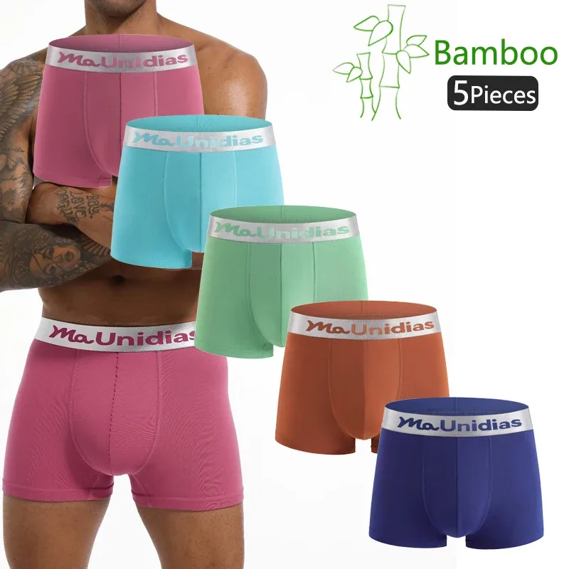 5Pcs Bamboo Fiber Men Underpants Maunidias Boxer Briefs Letter Elastic Waistband Underwear Mens Boxers Solid Color Men's Panties