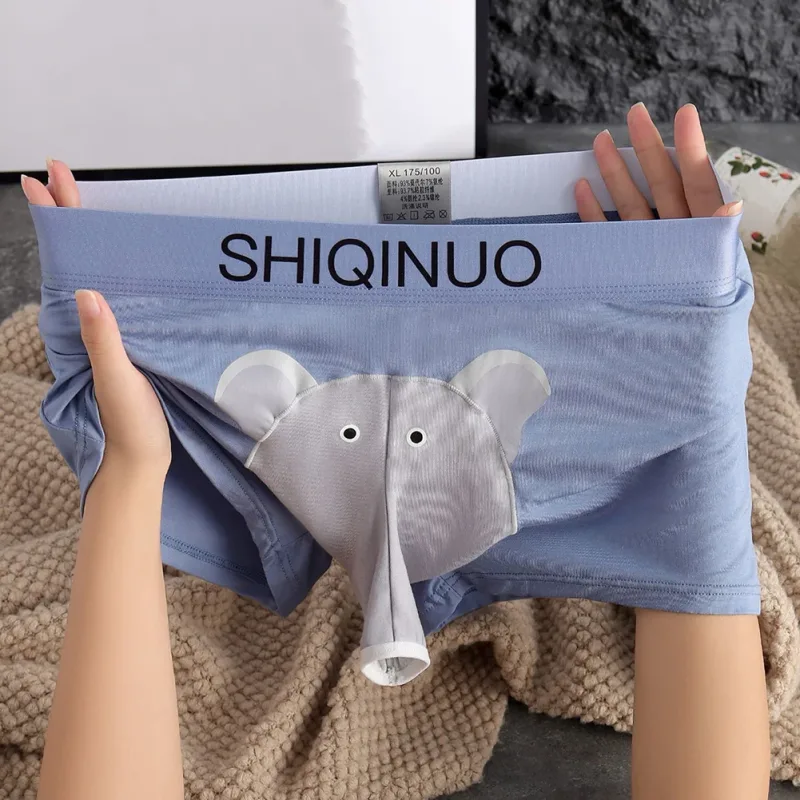 Men Cute Elephant Print Boxer Briefs Elastic Letter Waist 3D Pouch Soft Breathable Daily Sleep Home Casual Comfy Underwear Wear