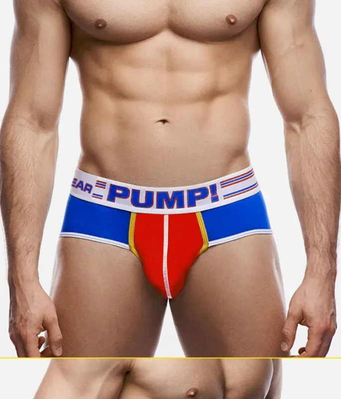 Men's Cotton Color Block Briefs, Pump! Logo Wide Waistband Low Rise Sexy 3D Convex Pouch Underwear 3256813080433415