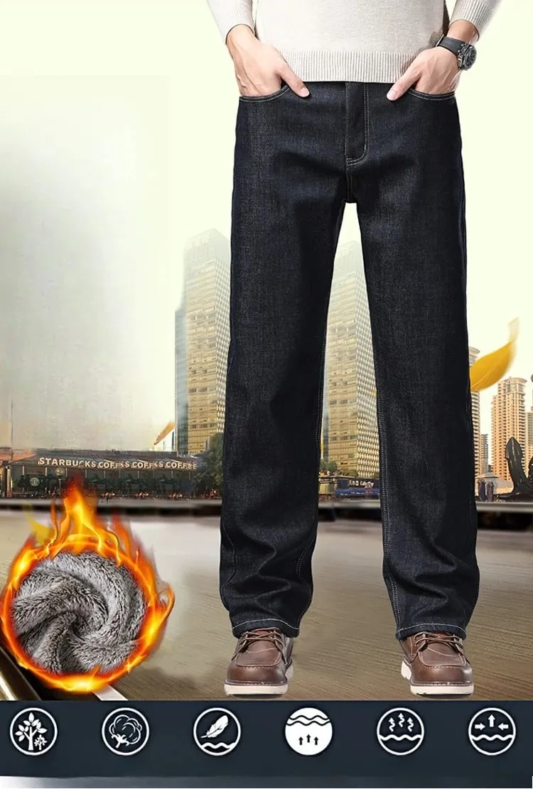ג'ינס לגברים מרופד עבה ג'ינס חורף מתיחה חמה Slim Fit מכנסי ג'ינס מכנסיים רכים נוחים ללבוש יומיומי לעבודה