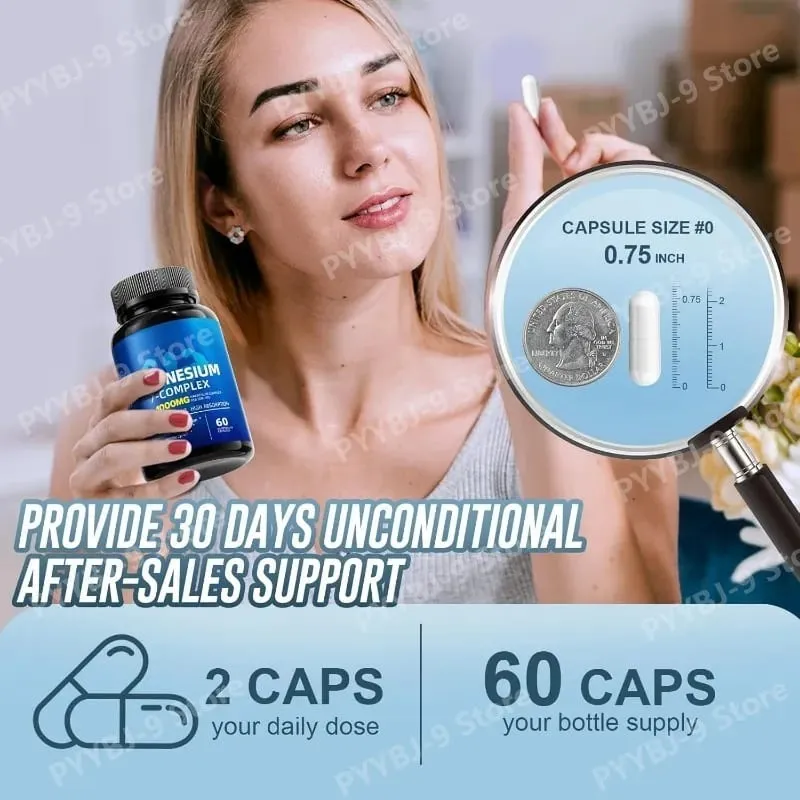 Magnesium 7 Complex Supplement na may Glycinate Citrate Malate Chelate Zinc Vitamin D3 B6 para sa Sleep Muscle Relief 60 Capsules