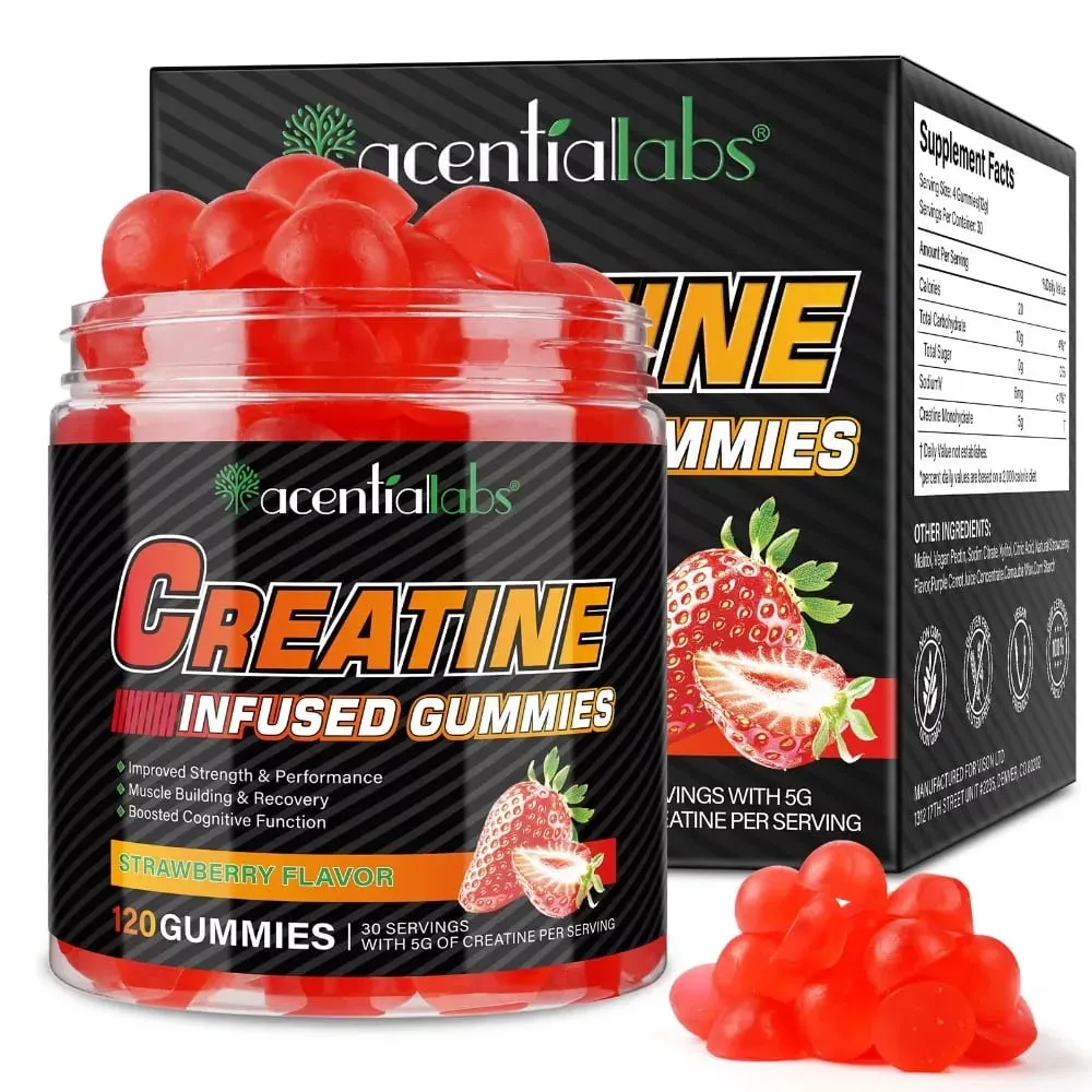 Creatine Monohydrate Gummies 5000mg για Ανάκτηση Μυϊκής Δύναμης & Ενέργεια πριν από την προπόνηση Vegan Strawberry 120 Ct χωρίς ζάχαρη