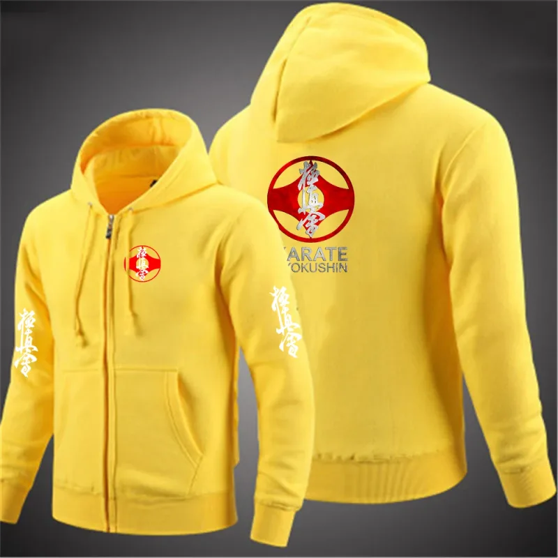 Kyokushin Karate Printed Hooded Long Sleeve Men Jacket Drawstring Zipper Closure Solid Color Casual Sweatshirt Clothing