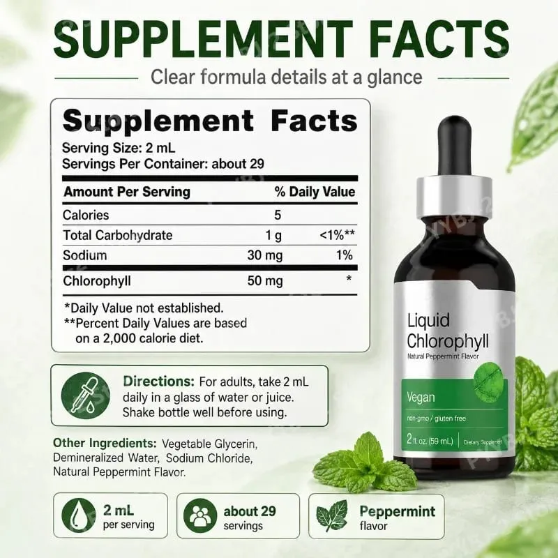 Chlorophyll Liquid Drops Μέντα Γεύση 59ml με Φυτικό Εκχύλισμα Φυσικό Συμπλήρωμα Διατροφής Μείγμα με νερό για κατανάλωση