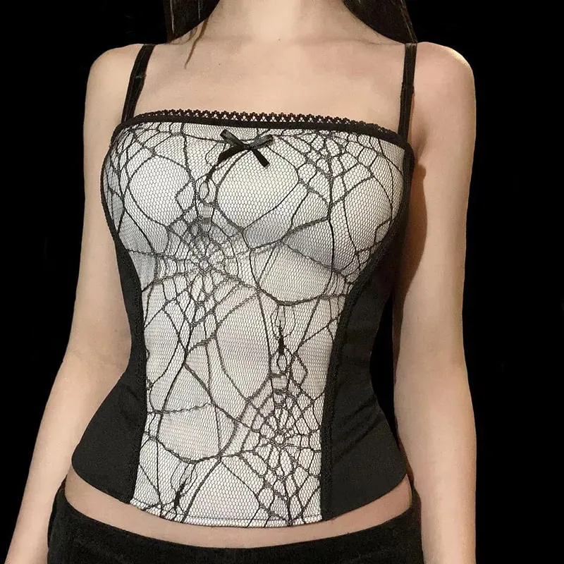 Gótikus punk lány pókháló mintás csipke patchwork Camis női szexi ujjatlan szögletes gallérral karcsú tank felső Utcai ruházat, vágás felső