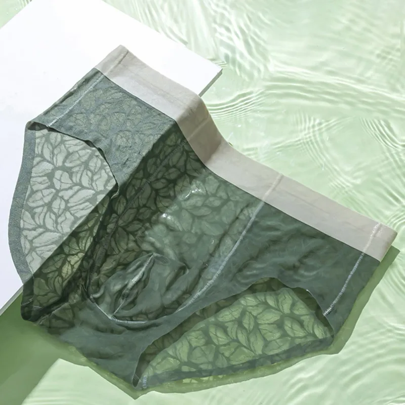 Men Ice Silk Ultra-thin Brief Underwear Seamless Lace Jacquard Breathable Pantie 3D Bulge Pouch Transparent Mesh Lingerie