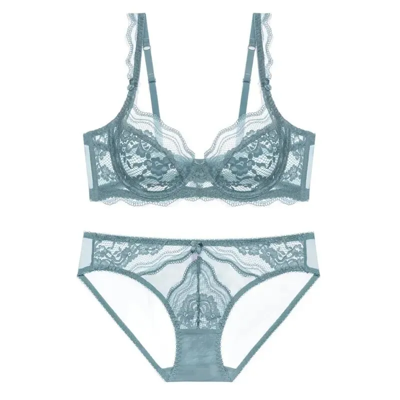 Plus Size Full Bust Minimizer Σετ σουτιέν Sheer Floral Lace Thin Anti Sag Support Διάφανα εσώρουχα Γυναικεία αναπνέοντα οικεία