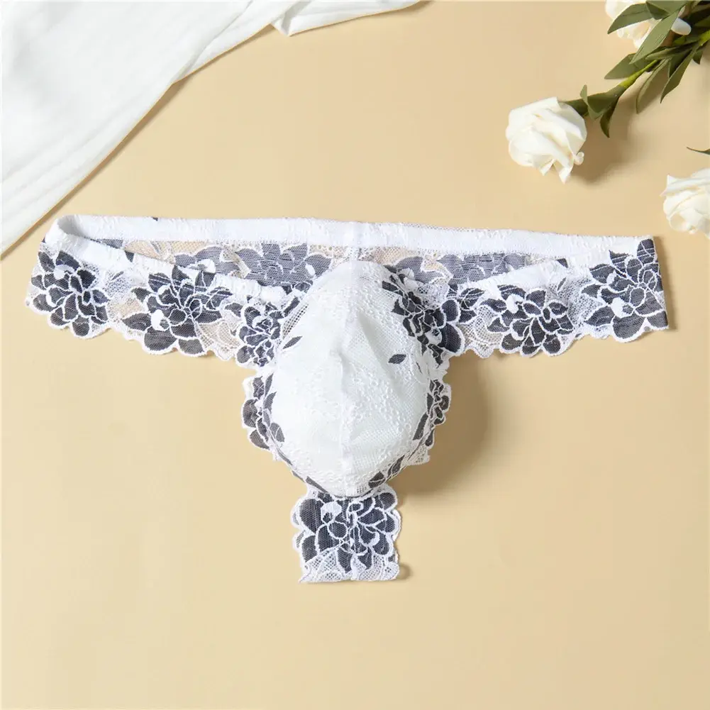 Men Floral Lace Thong Low Rise Elastic Waist G‑String Breathable See‑Through Floral Print Male Underwear Sexy Lingerie Panties