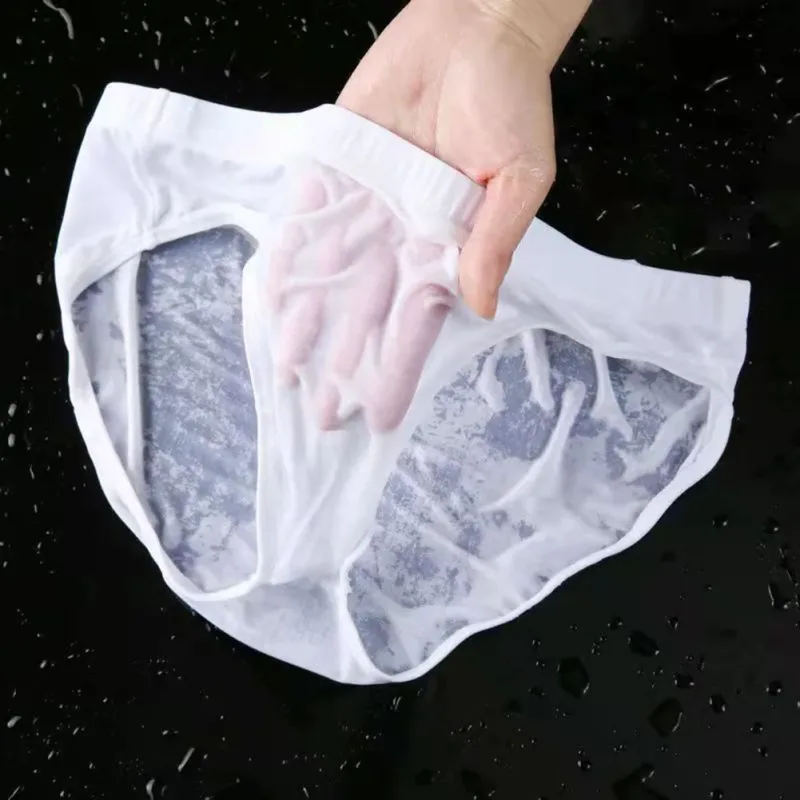 Men Sexy Sheer Ice Silk Briefs Underwear Quick-Dry U Convex Pouch Breathable Low-Waist Underpants Summer Cooling