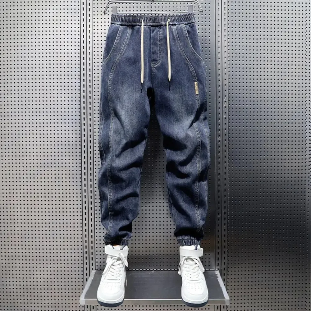 Harem Jeans with Leg Bindings Pockets Elastic Waist Adjustable Drawstrings Men Jeans Solid Color Street Style Jogger Pants