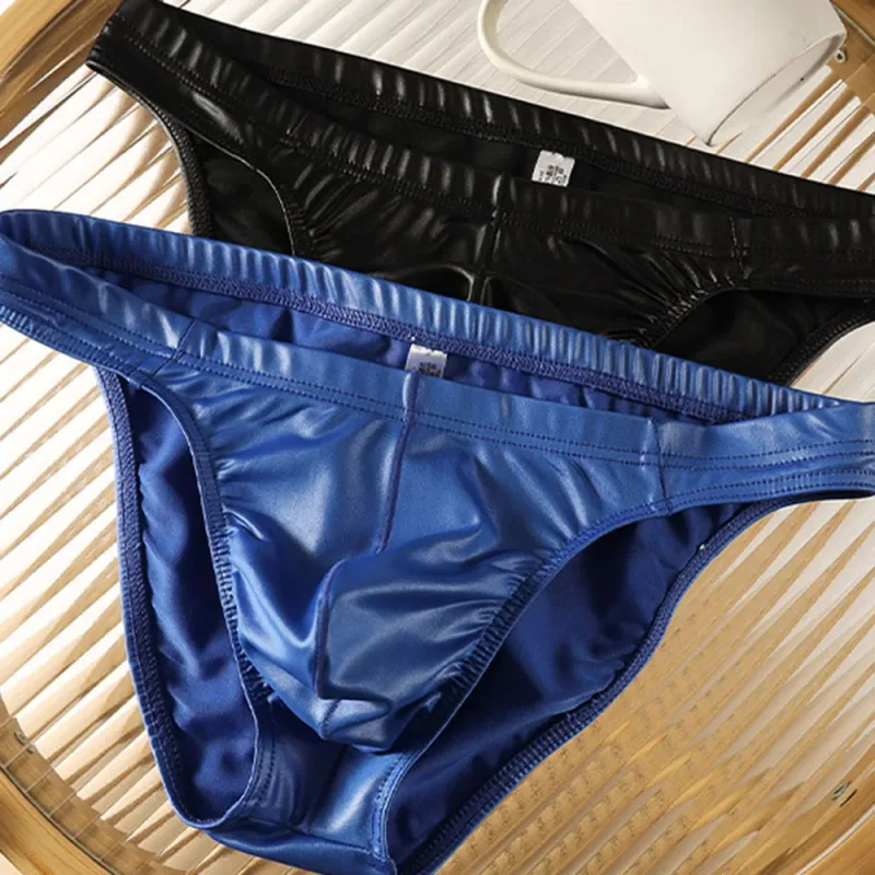 Sexy Briefs Underwear Men Faux Leather Sexy Underwear Briefs Low Waist Bulge Pouch Lingerie Panties Underpant Triangle Pants