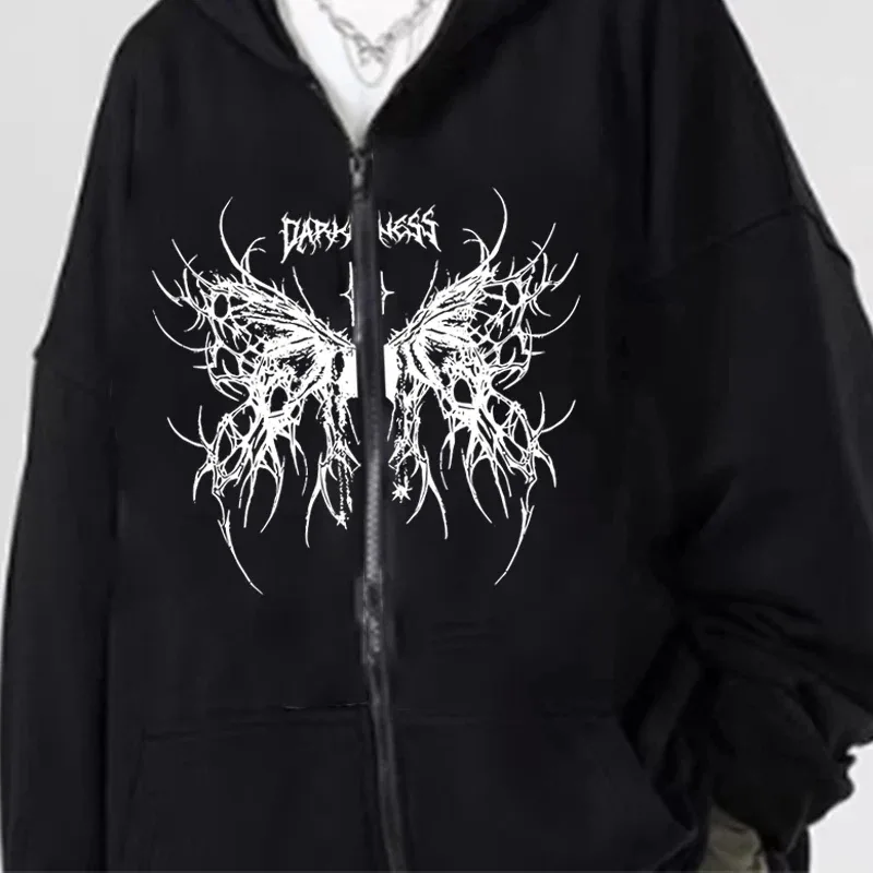 Men Gothic Dark Angel Zipper Hoodie Women Vintage Fashion Streetwear Y2K Hip Hop Long Sleeve Fleece Sweatshirts Jacket Coat