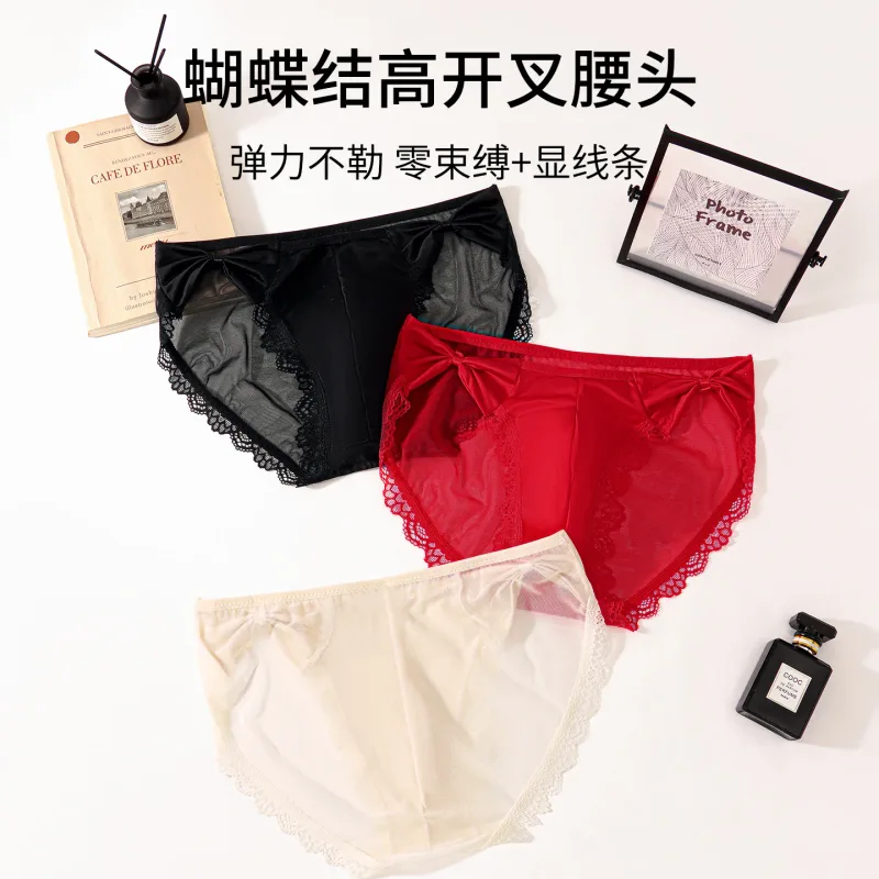 Women Panties for Men Bow High Cut Briefs Lace Mesh Sheer Underwear U Convex Pouch Breathable Underpant French Style Nightwear