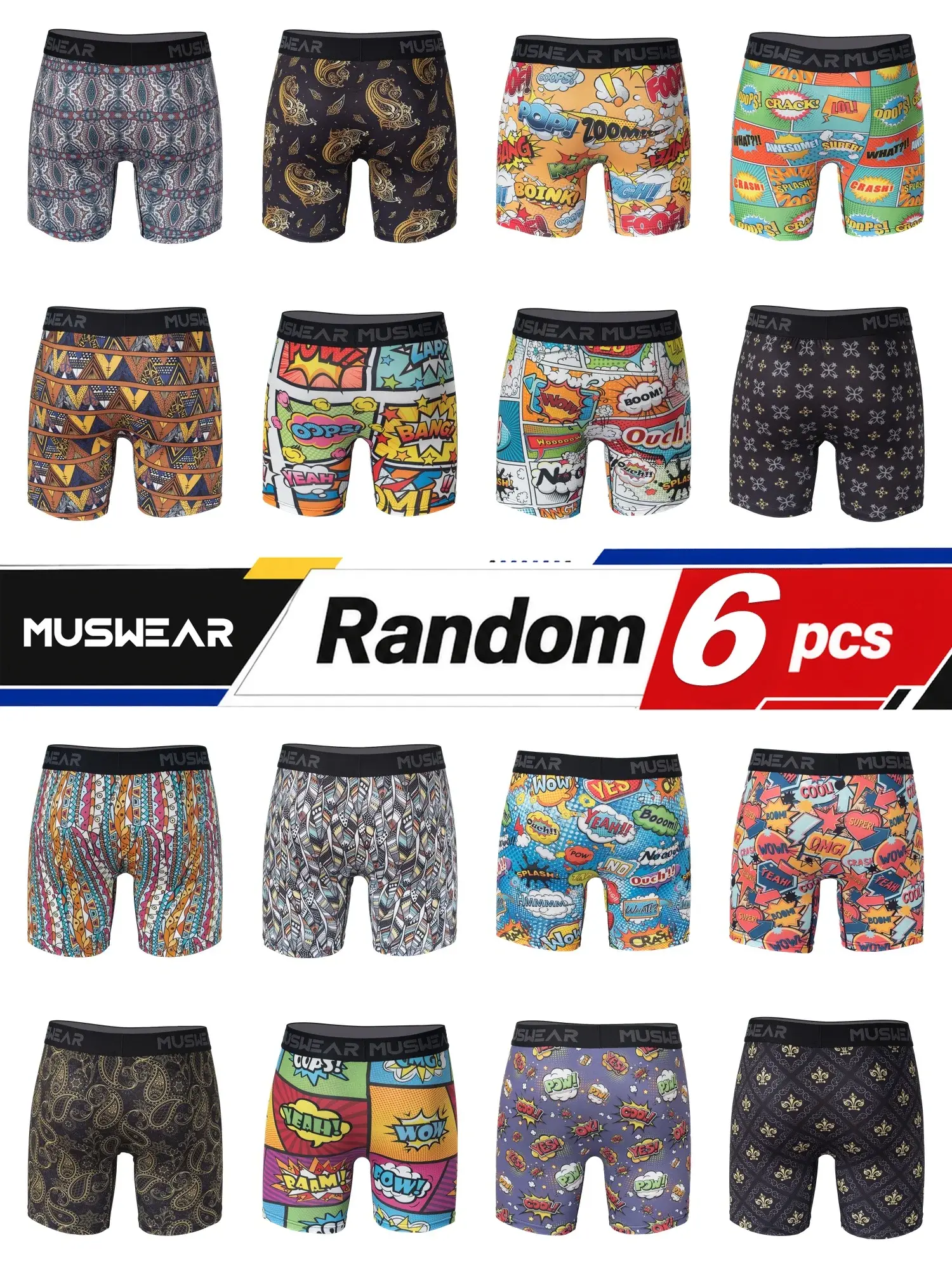 6pcs Men's Boxer Briefs Side Opening Double-Sided Brushed High Elasticity Quick-Drying All-over Print Underwear