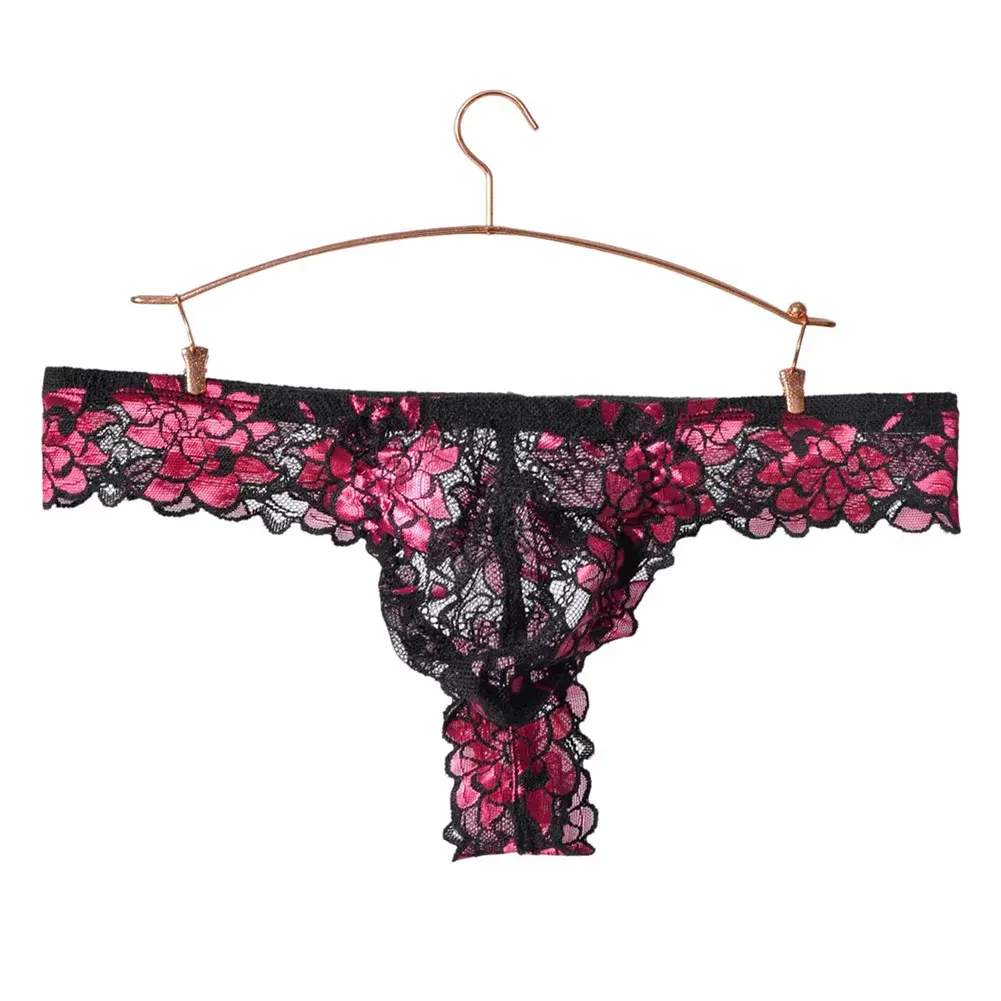Men Floral Lace Thong Low Rise Elastic Waist G‑String Breathable See‑Through Floral Print Male Underwear Sexy Lingerie Panties