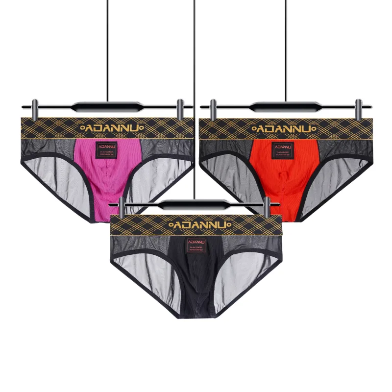 Luxury Ice Silk Men's Underwear with Gold Thread Embroidery Waistband Ultra-Thin Transparent Mesh Quick-drying Briefs for Men