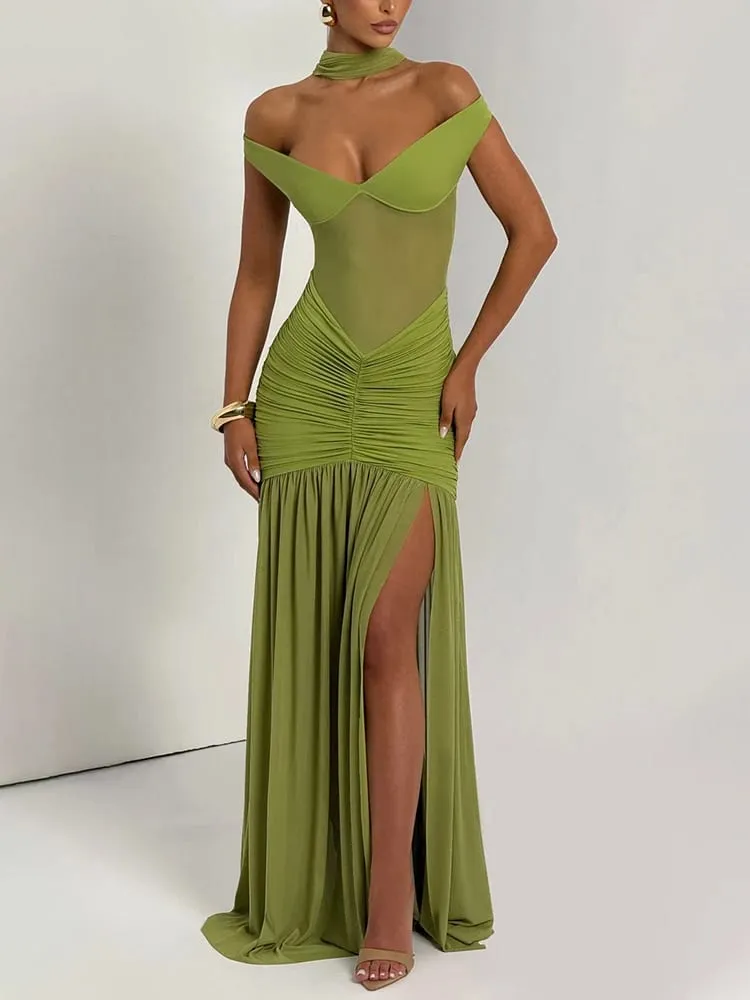 Μακρύ φόρεμα Mozision Off-shoulder Backless Sexy Maxi Women Gown Halter αμάνικο Backless Thigh High Split Club — image 5
