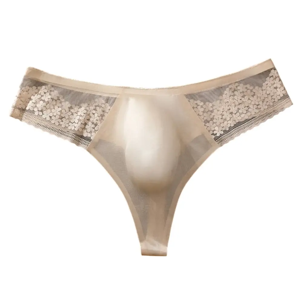 Breathable Men's Lace G-String Underwear Featuring Thin Seamless Ice Silk Fabric with 3D Bulge Pouch and Solid Color Design