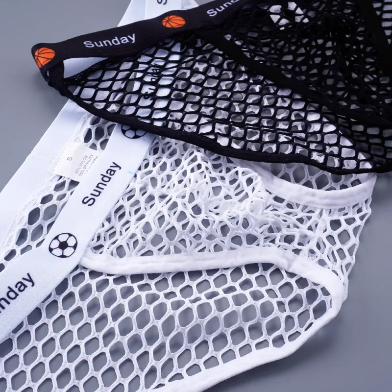 2PCS Basketball Letters Print Low Waist Men Sexy Transparent Nylon Briefs Male Large Mesh Fishnet Underwear for Sports