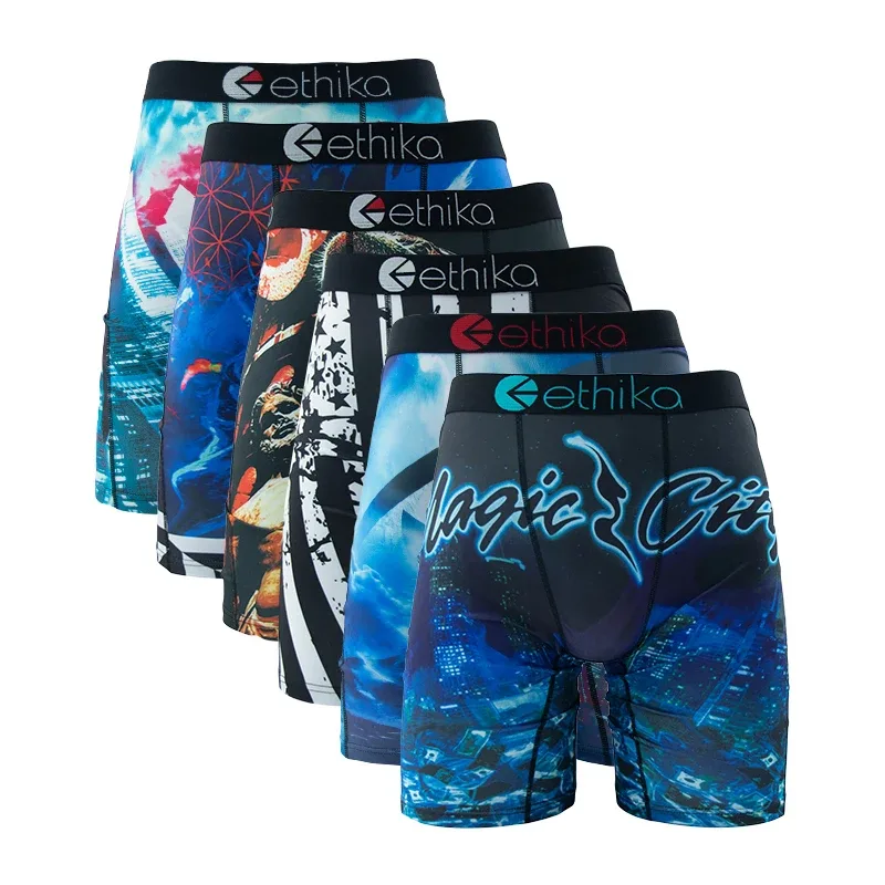 6Pcs Men Underwear Boxer Breathable Mesh Crotch Man Underpants Plus Size Print Mens Panties Trunks Sexy Men's Boxershorts