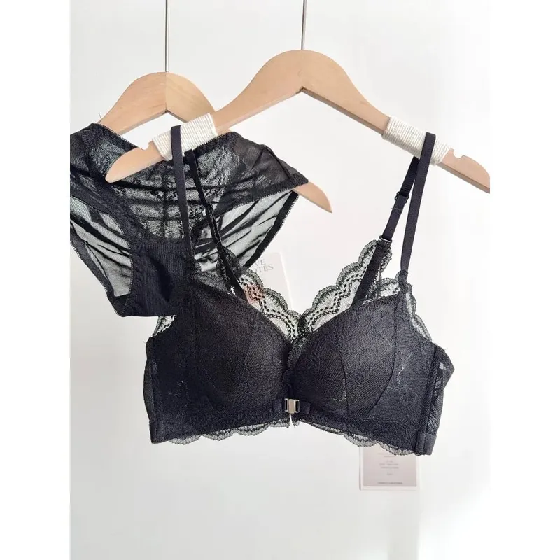 Women Small Bust Lace Bra Set Front Closure Wireless Beautiful Back Push‑Up Brassiere Soft Daily Lingerie Underwear Size 32‑38AB