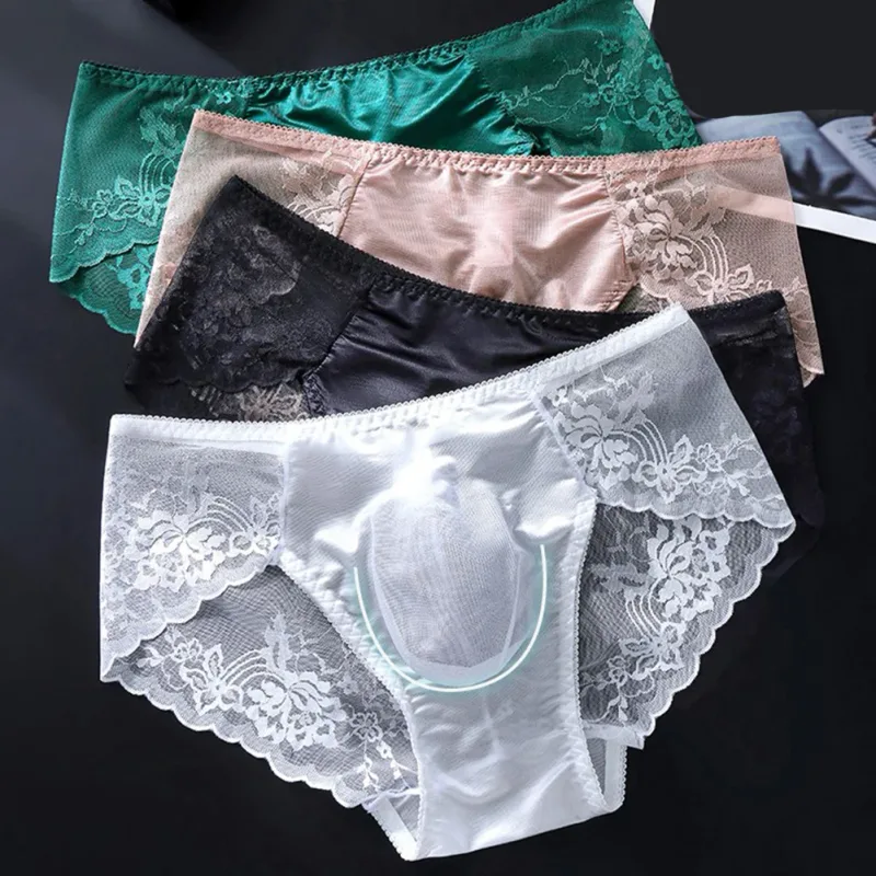 1pc Men Lace Seamless Ice Silk Briefs Ultra-thin Underwear 3D Bulge Pouch Low Waist Gay Panties Breathable High Elastic Lingerie